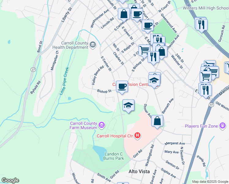 map of restaurants, bars, coffee shops, grocery stores, and more near 410 Bishop Street in Westminster