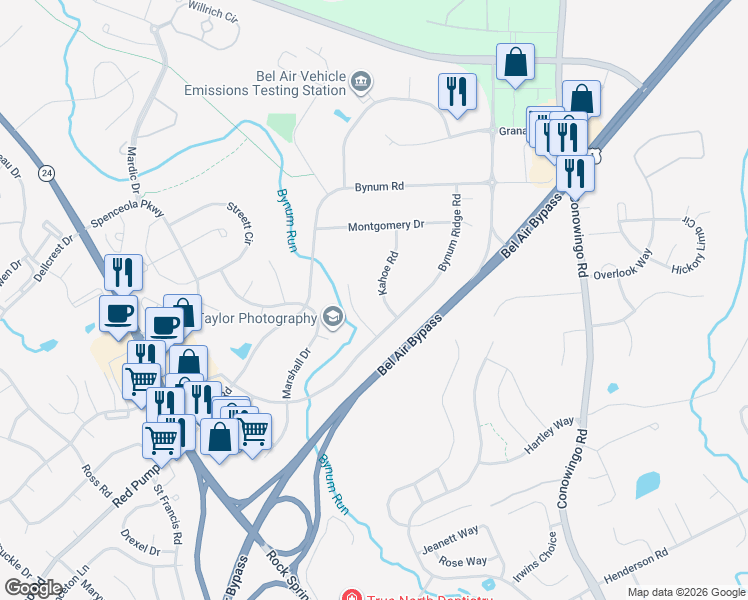 map of restaurants, bars, coffee shops, grocery stores, and more near 1404 Kahoe Road in Forest Hill