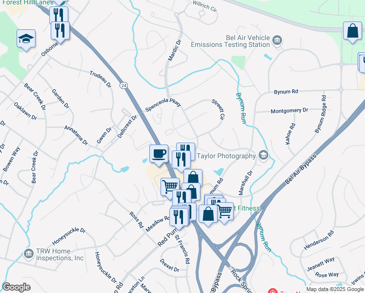map of restaurants, bars, coffee shops, grocery stores, and more near 203 Kimary Court in Forest Hill