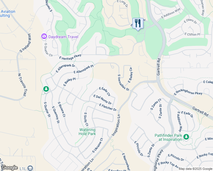 map of restaurants, bars, coffee shops, grocery stores, and more near 22609 East Eads Circle in Parker