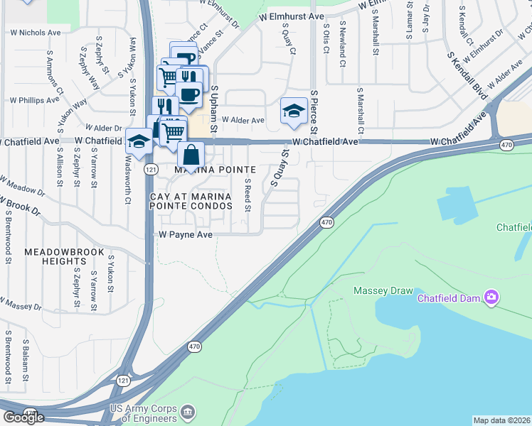 map of restaurants, bars, coffee shops, grocery stores, and more near 6858 West Rockland Place in Littleton