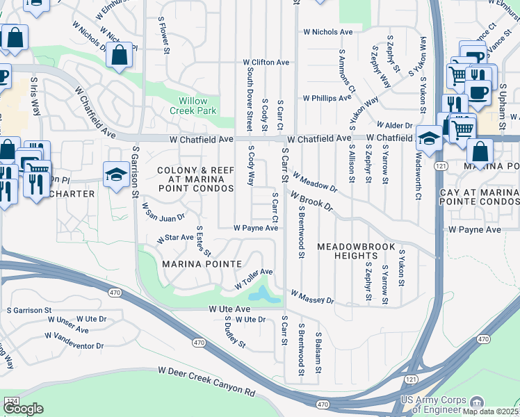 map of restaurants, bars, coffee shops, grocery stores, and more near 8491 South Cody Way in Littleton
