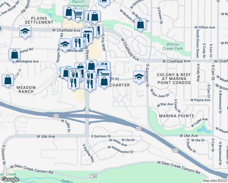 map of restaurants, bars, coffee shops, grocery stores, and more near 8497 South Hoyt Way in Littleton