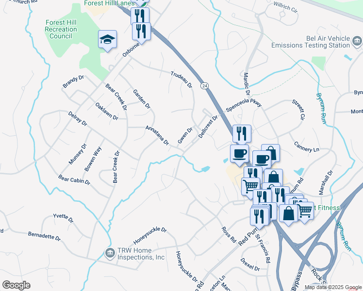 map of restaurants, bars, coffee shops, grocery stores, and more near 111 Sunshine Court in Forest Hill
