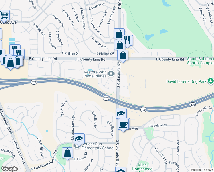 map of restaurants, bars, coffee shops, grocery stores, and more near 8485 Pebble Creek Way in Littleton