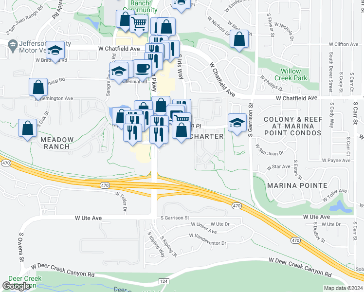 map of restaurants, bars, coffee shops, grocery stores, and more near 8440 South Kipling Parkway in Littleton