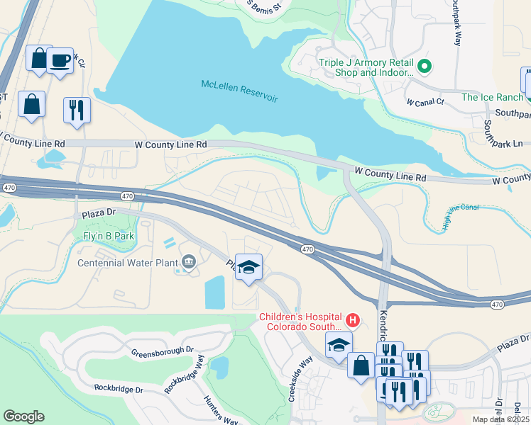 map of restaurants, bars, coffee shops, grocery stores, and more near 2065 Primo Road in Highlands Ranch