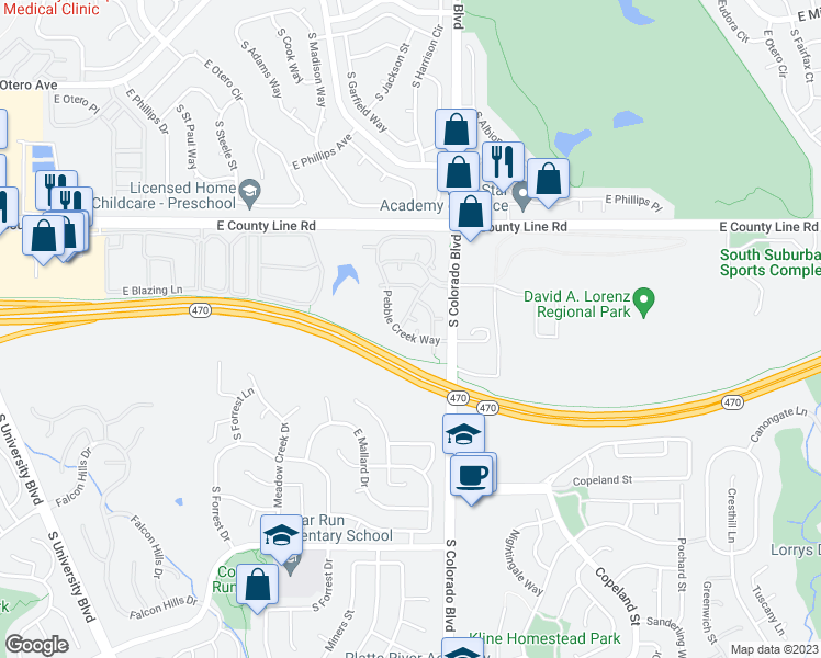 map of restaurants, bars, coffee shops, grocery stores, and more near 8468 South Thunder Ridge Way in Highlands Ranch