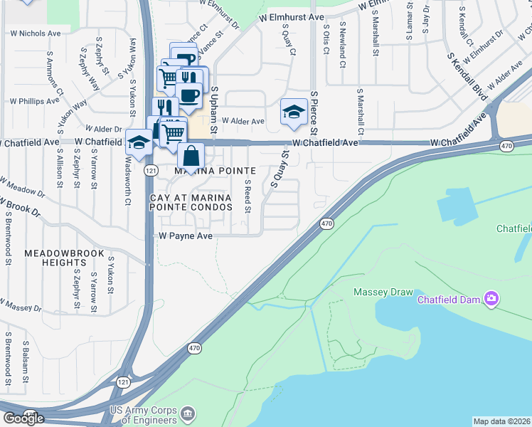 map of restaurants, bars, coffee shops, grocery stores, and more near 6858 West Rockland Place in Littleton
