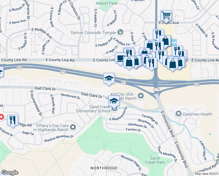 map of restaurants, bars, coffee shops, grocery stores, and more near 1733 Dad Clark Drive in Highlands Ranch