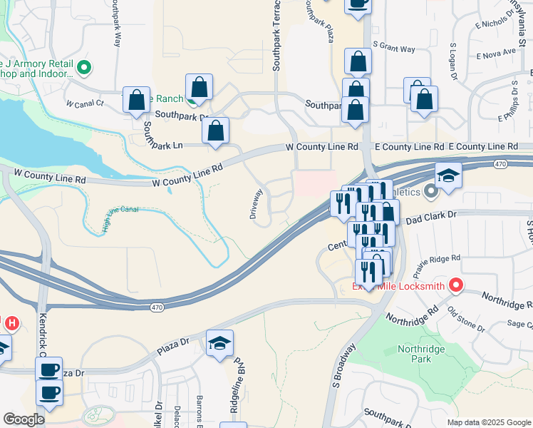 map of restaurants, bars, coffee shops, grocery stores, and more near 132 Driveway in Highlands Ranch