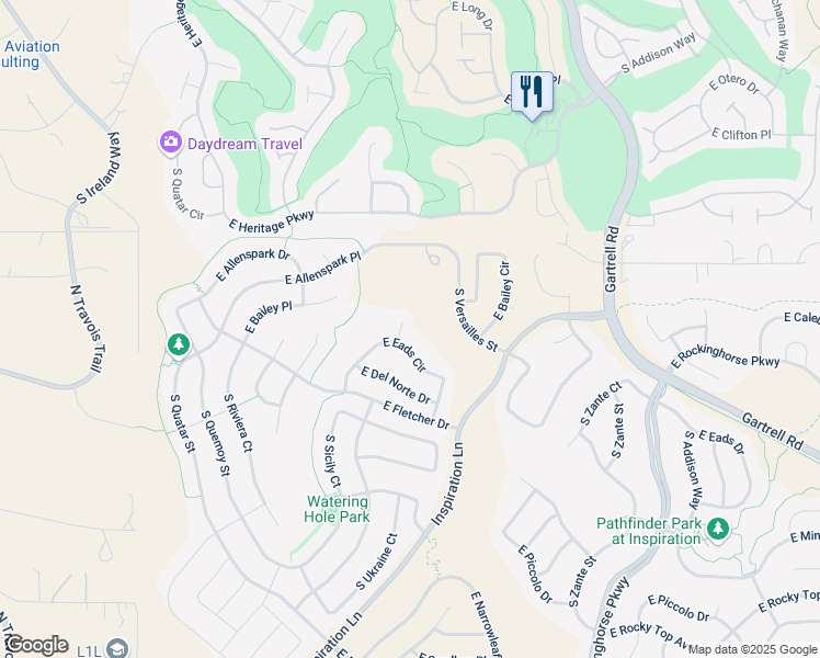map of restaurants, bars, coffee shops, grocery stores, and more near 22609 East Eads Circle in Parker