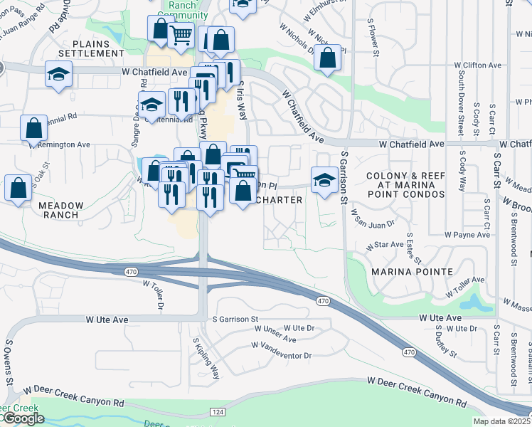 map of restaurants, bars, coffee shops, grocery stores, and more near 8497 South Hoyt Way in Littleton
