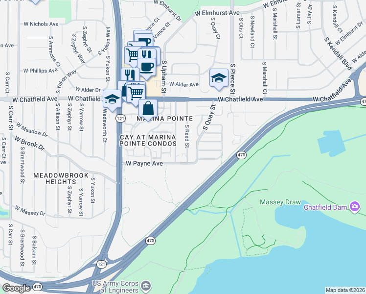 map of restaurants, bars, coffee shops, grocery stores, and more near 8469 South Quay Street in Littleton