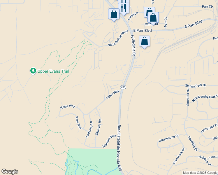 map of restaurants, bars, coffee shops, grocery stores, and more near 3875 Covington Way in Reno