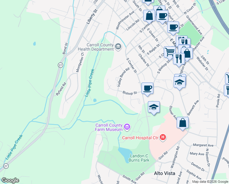 map of restaurants, bars, coffee shops, grocery stores, and more near 350 Bishop Court in Westminster
