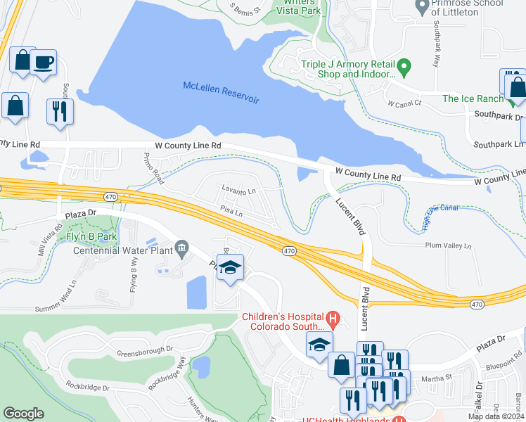 map of restaurants, bars, coffee shops, grocery stores, and more near 2065 Primo Road in Highlands Ranch
