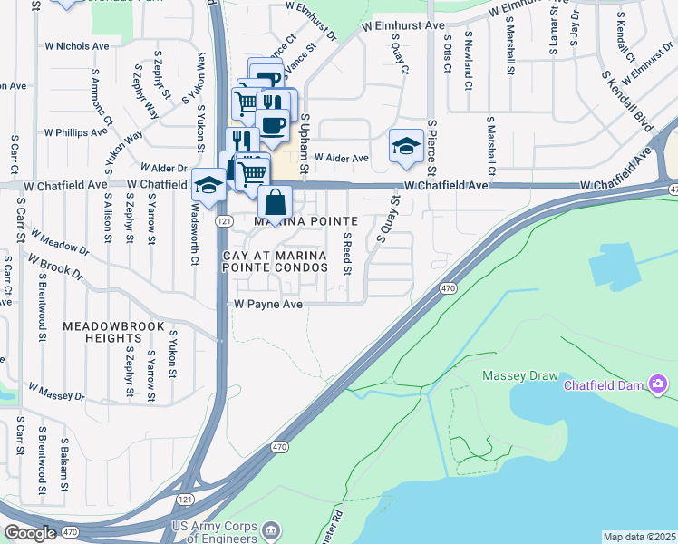 map of restaurants, bars, coffee shops, grocery stores, and more near 8477 South Reed Street in Littleton