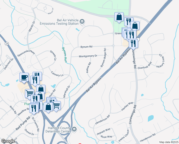 map of restaurants, bars, coffee shops, grocery stores, and more near 1403 Kahoe Road in Forest Hill