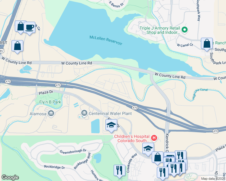 map of restaurants, bars, coffee shops, grocery stores, and more near 2065 Primo Road in Highlands Ranch