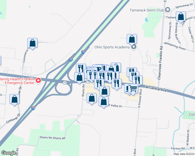 map of restaurants, bars, coffee shops, grocery stores, and more near 860 West Central Avenue in Springboro