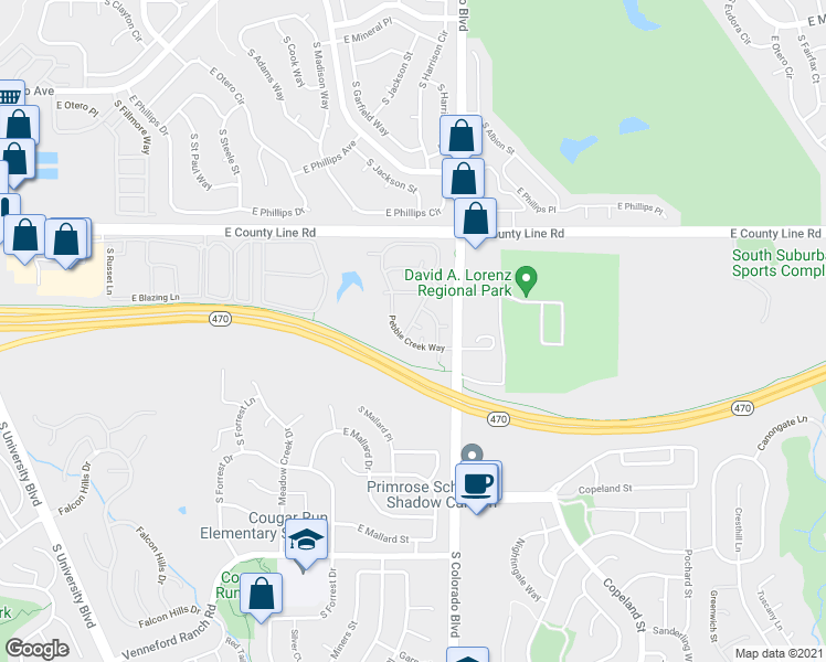map of restaurants, bars, coffee shops, grocery stores, and more near 8485 Pebble Creek Way in Littleton
