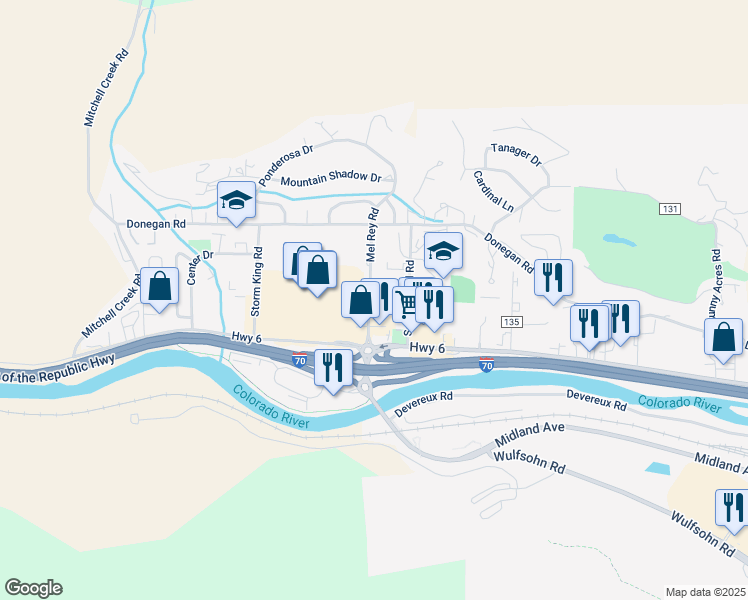 map of restaurants, bars, coffee shops, grocery stores, and more near 72 Mel Rey Road in Glenwood Springs