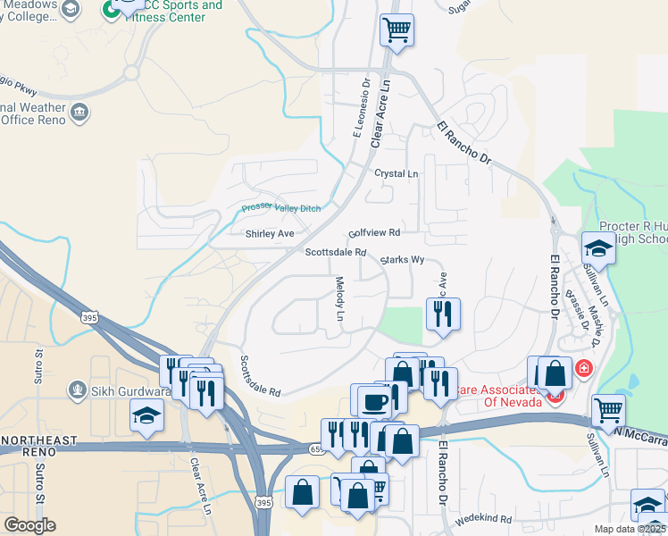 map of restaurants, bars, coffee shops, grocery stores, and more near 2415 Melody Lane in Reno