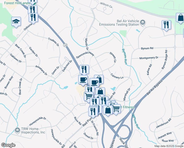 map of restaurants, bars, coffee shops, grocery stores, and more near 205 Kimary Court in Bel Air North