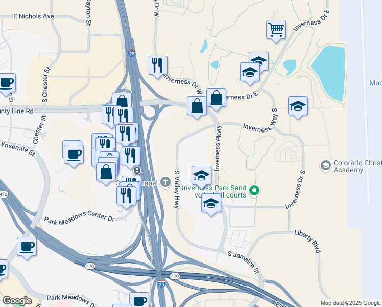 map of restaurants, bars, coffee shops, grocery stores, and more near 8333 South Valley Highway in Englewood
