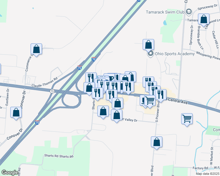 map of restaurants, bars, coffee shops, grocery stores, and more near 860 West Central Avenue in Springboro
