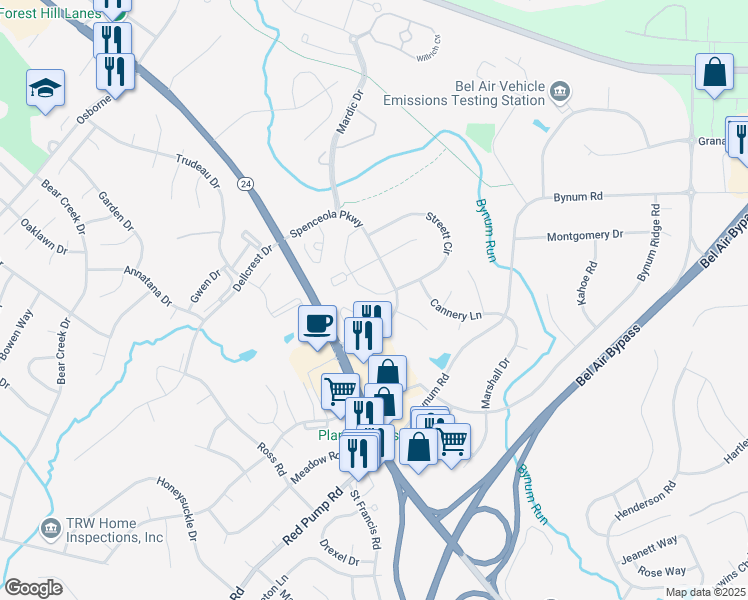 map of restaurants, bars, coffee shops, grocery stores, and more near 283 Spencer Circle in Forest Hill