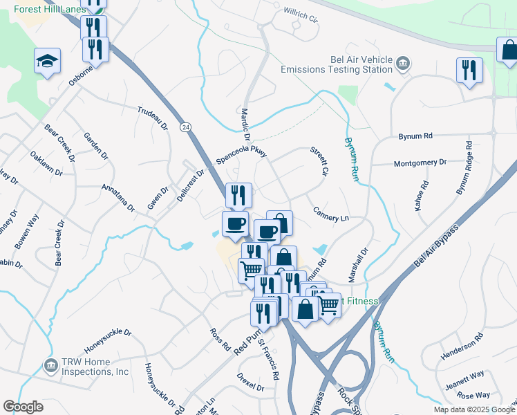 map of restaurants, bars, coffee shops, grocery stores, and more near 205 Kimary Court in Bel Air North