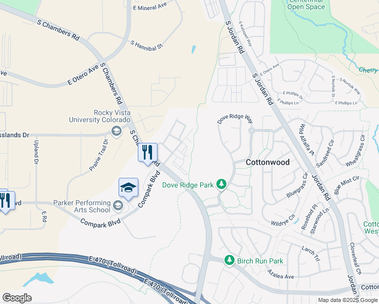 map of restaurants, bars, coffee shops, grocery stores, and more near 8440 Canyon Rim Trail in Englewood