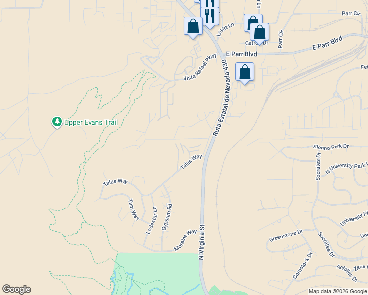 map of restaurants, bars, coffee shops, grocery stores, and more near 3875 Covington Way in Reno