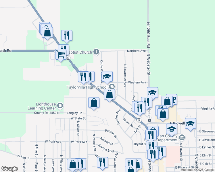 map of restaurants, bars, coffee shops, grocery stores, and more near 815 West Springfield Road in Taylorville