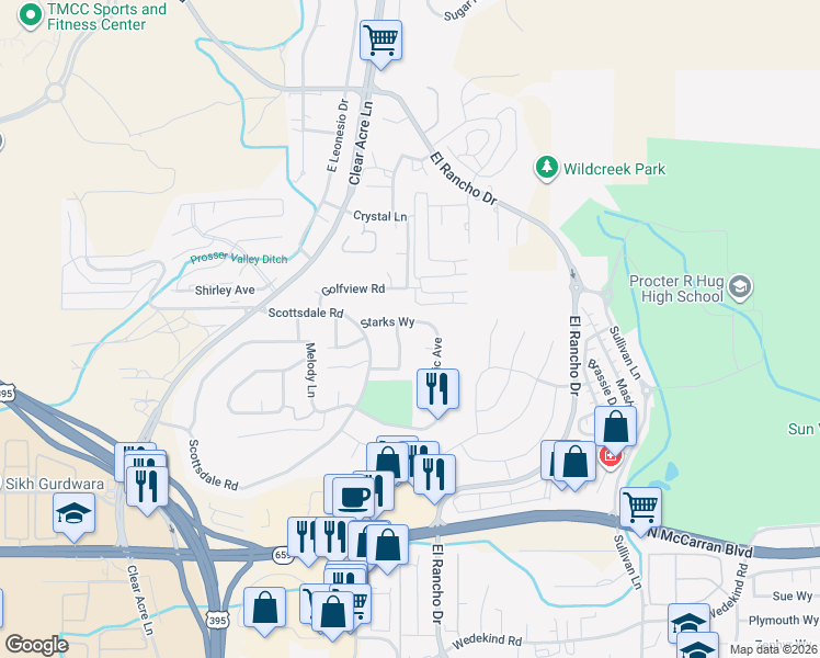 map of restaurants, bars, coffee shops, grocery stores, and more near 3321 Epic Avenue in Reno