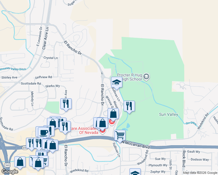 map of restaurants, bars, coffee shops, grocery stores, and more near 3540 Niblick Drive in Sparks
