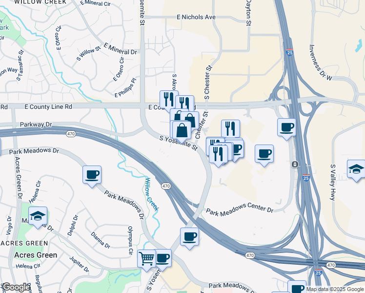 map of restaurants, bars, coffee shops, grocery stores, and more near 8461 South Yosemite Street in Lone Tree