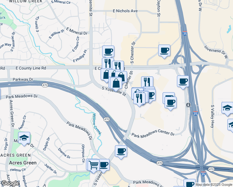 map of restaurants, bars, coffee shops, grocery stores, and more near 8461 South Yosemite Street in Lone Tree