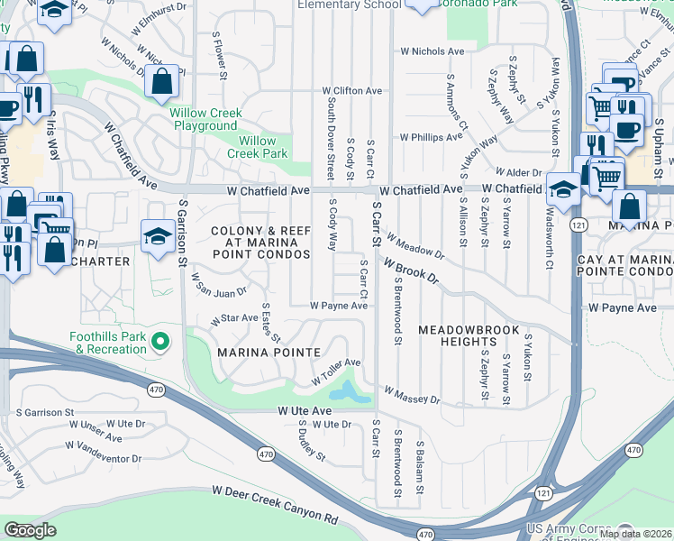map of restaurants, bars, coffee shops, grocery stores, and more near 8491 South Cody Way in Littleton