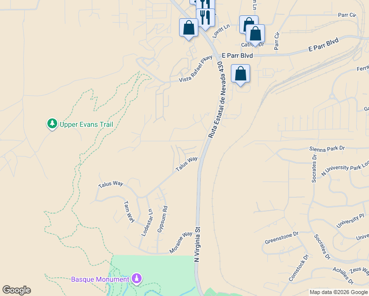 map of restaurants, bars, coffee shops, grocery stores, and more near 170 Bisset Court in Reno