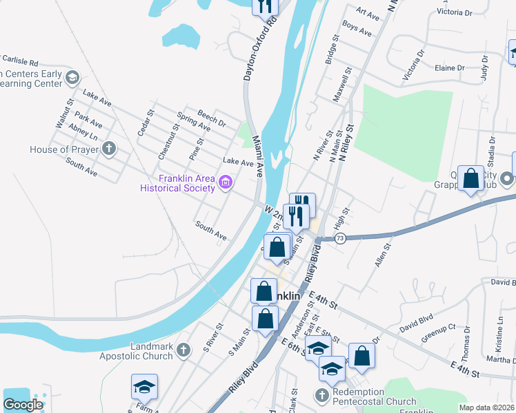 map of restaurants, bars, coffee shops, grocery stores, and more near 215 Park Avenue in Franklin