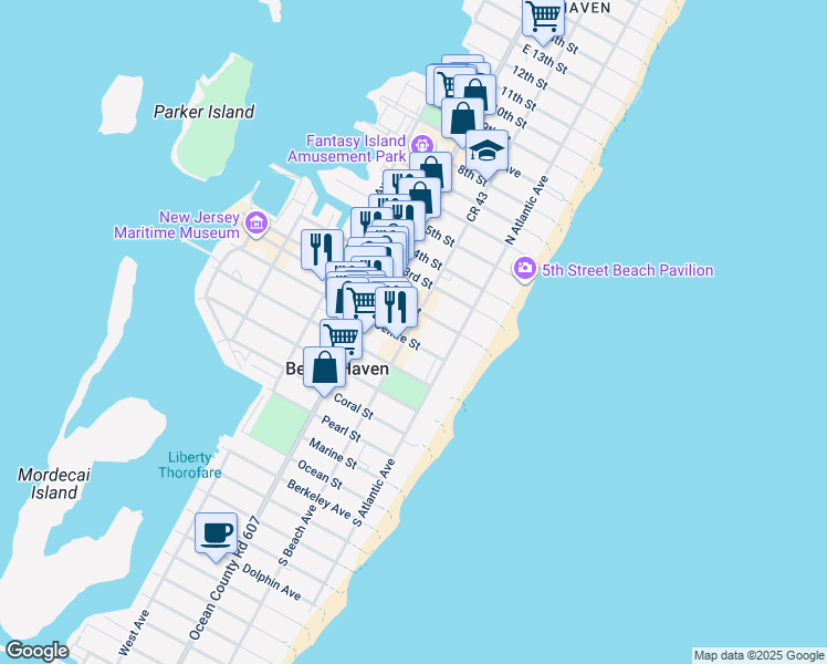 map of restaurants, bars, coffee shops, grocery stores, and more near 127 Centre Street in Beach Haven