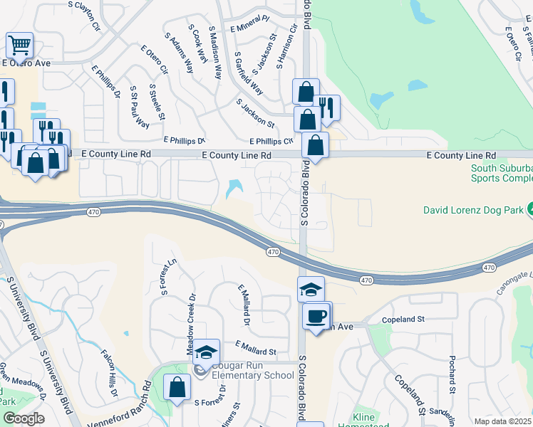 map of restaurants, bars, coffee shops, grocery stores, and more near 8405 Pebble Creek Way in Littleton