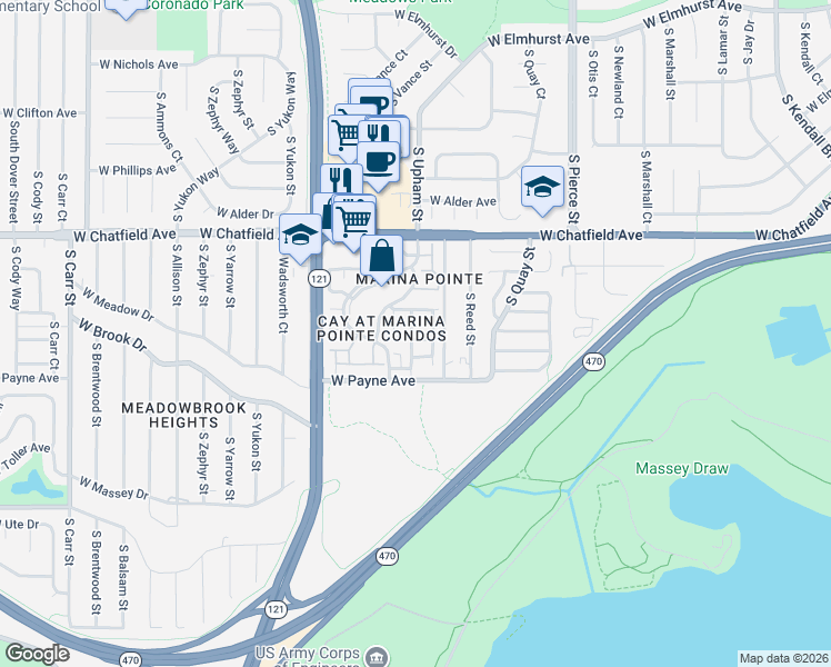 map of restaurants, bars, coffee shops, grocery stores, and more near 8416 South Upham Way in Littleton