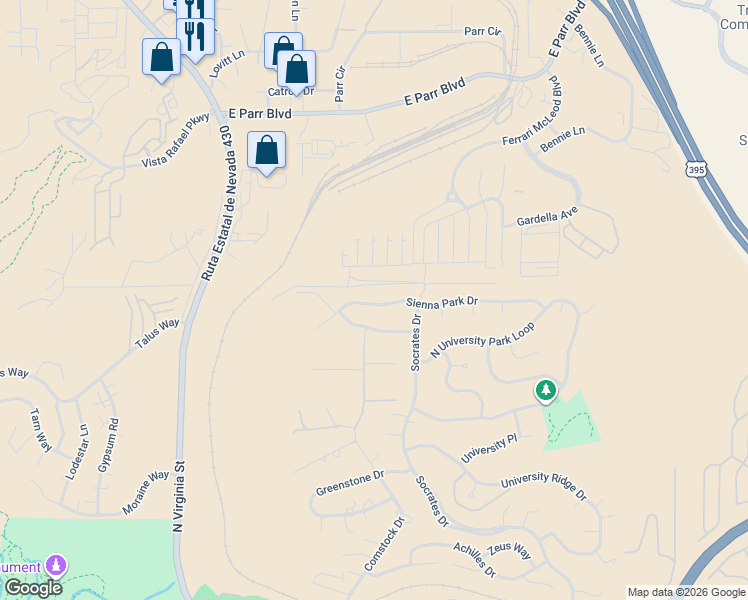 map of restaurants, bars, coffee shops, grocery stores, and more near 725 Sienna Park Drive in Reno