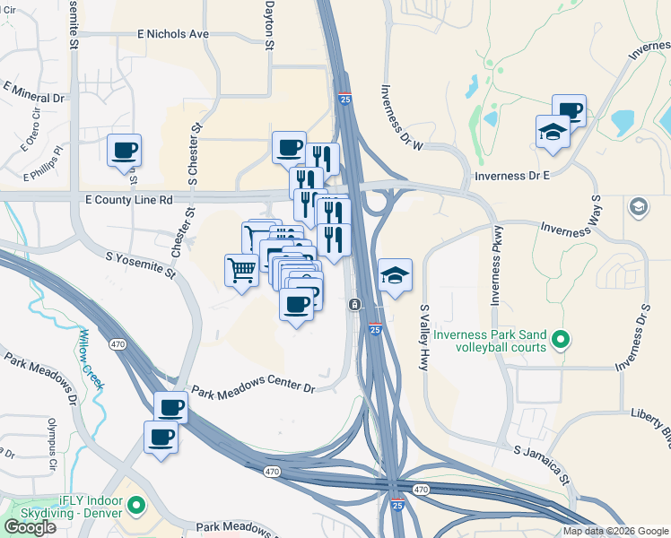 map of restaurants, bars, coffee shops, grocery stores, and more near 8355 Park Meadows Center Drive in Lone Tree
