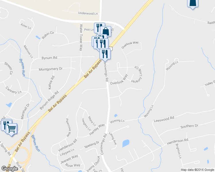 map of restaurants, bars, coffee shops, grocery stores, and more near Conowingo Road in Bel Air