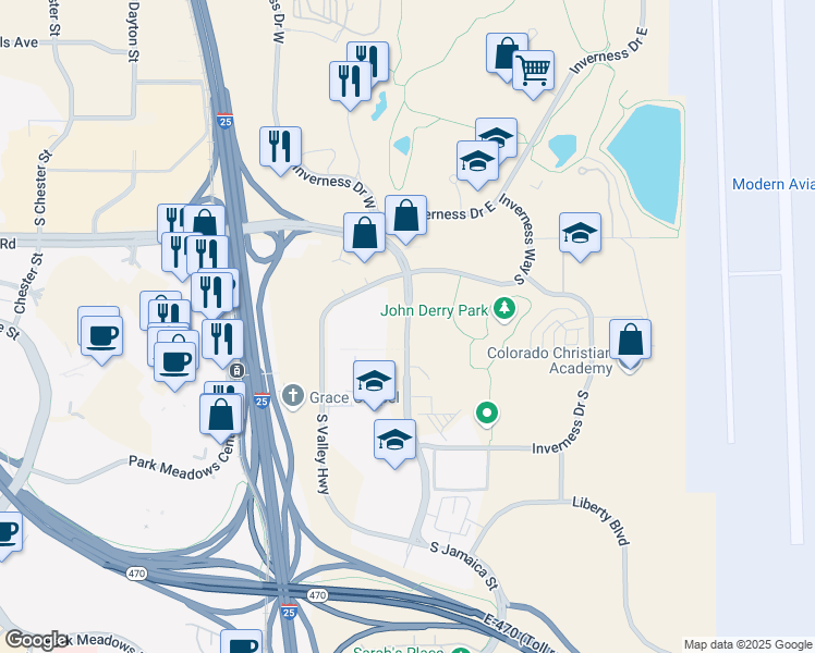 map of restaurants, bars, coffee shops, grocery stores, and more near 367 Inverness Parkway in Englewood